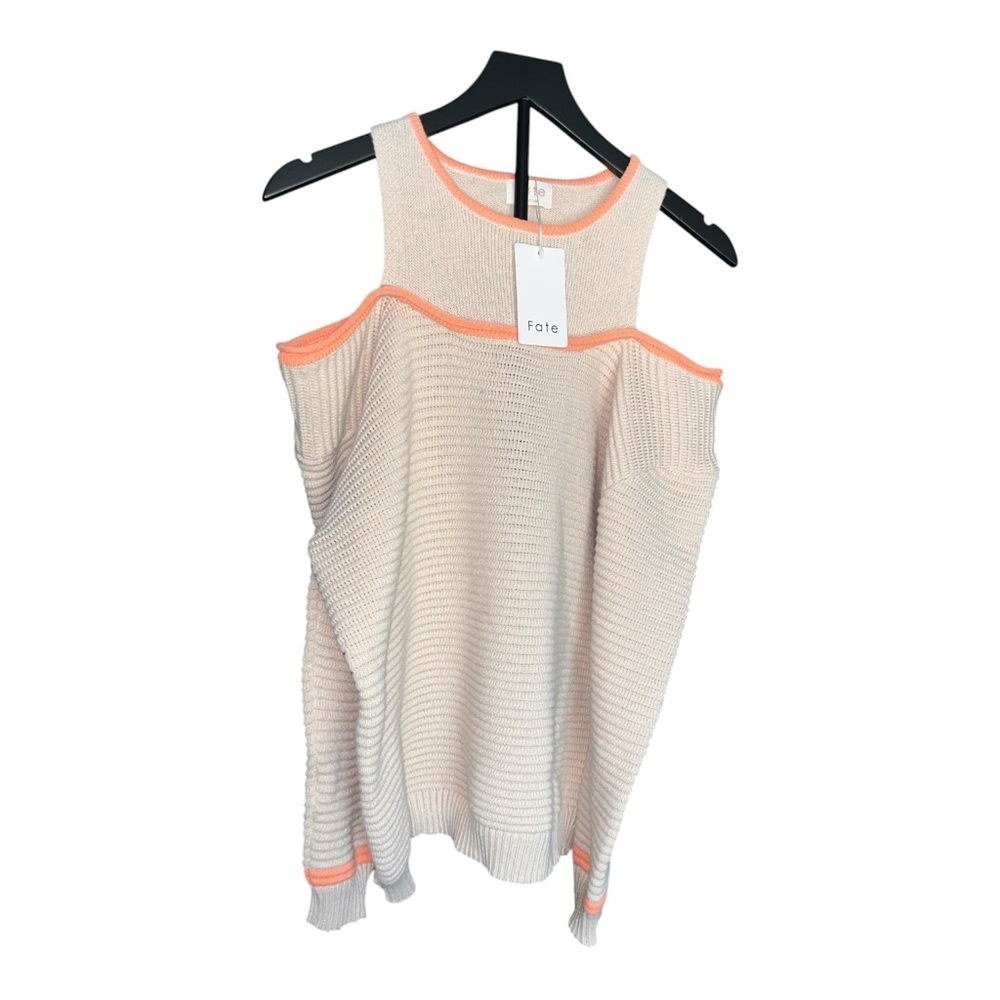 FATE Cold Shoulder Ribbed‎ Cream & Orange Knit Sweater Coral Trim Size M NWT - Picture 4 of 13